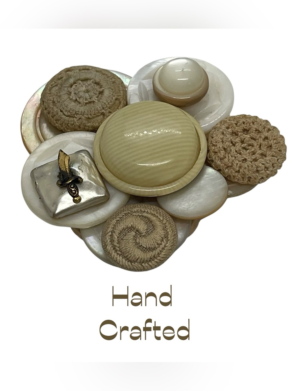 Hand Crafted Cream Tan Fabric Resin Antique Buttons Reimagined Into A Brooch NWT